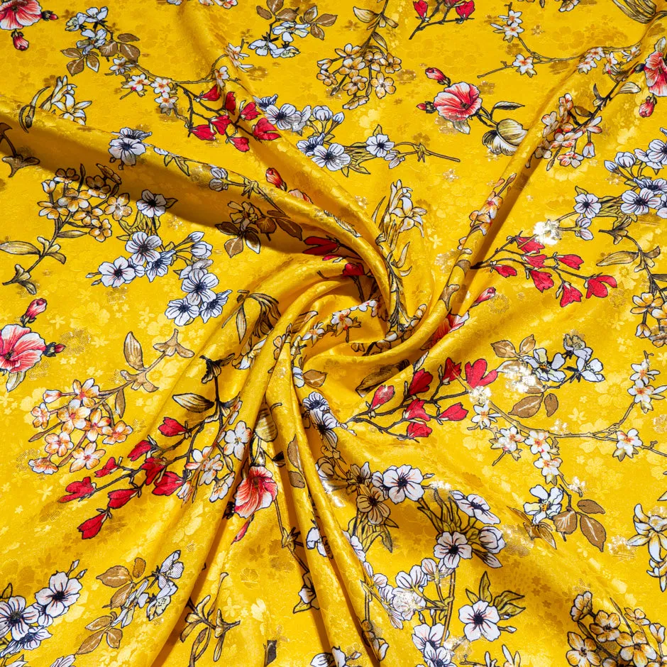 Floral Printed Deep Yellow Metallic Silk Jacquard