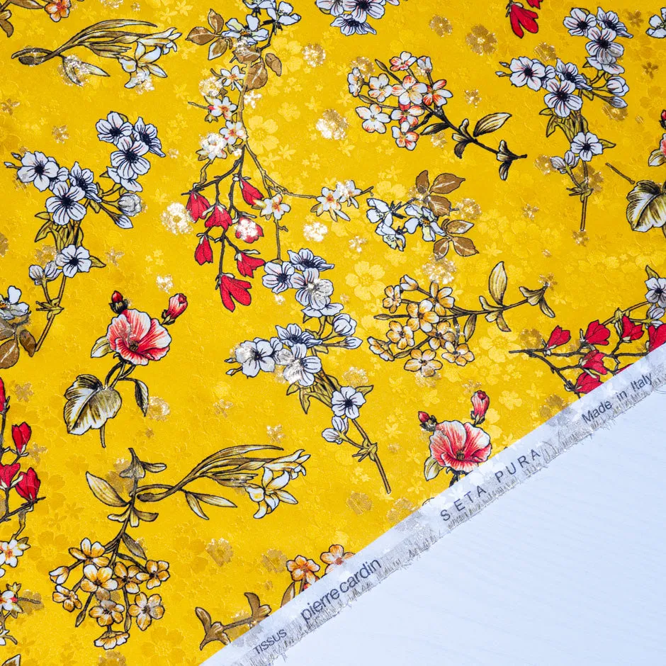 Floral Printed Deep Yellow Metallic Silk Jacquard