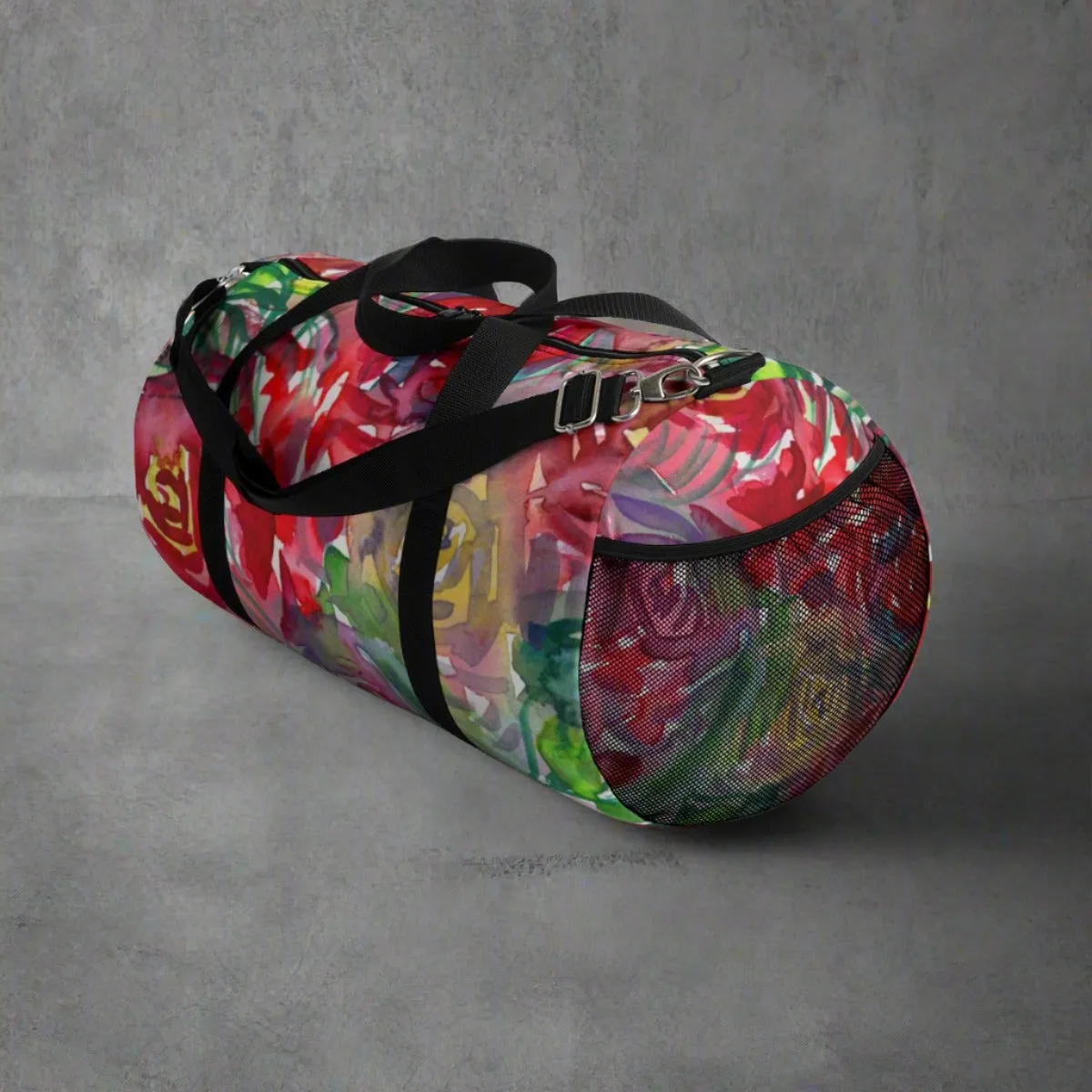 Floral Red Rose Gym Bag, Flower Print All Day Small Or Large Size Duffel Bag For Ladies, Made in USA