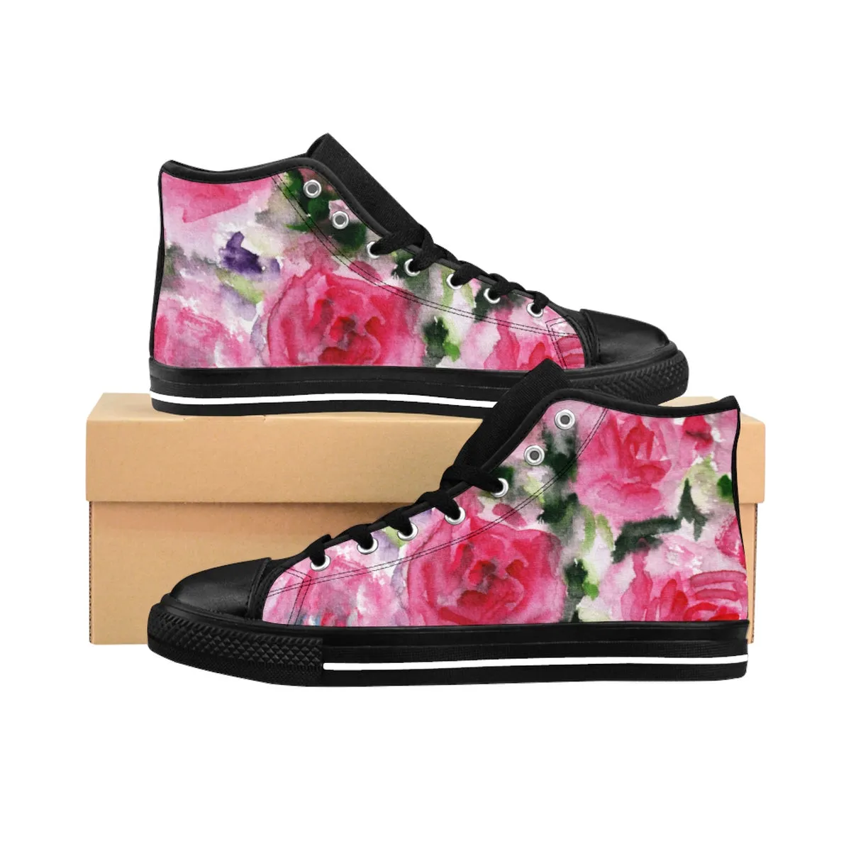 Floral Rose Women's Sneakers, Flower Print Ladies High Top Designer Running Tennis Shoes