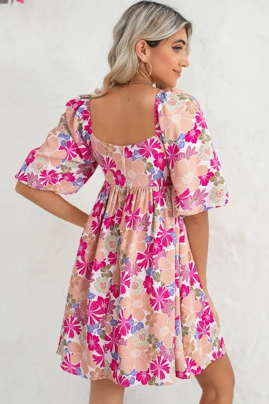 Floral Square Neck Puff Sleeve Babydoll Dress