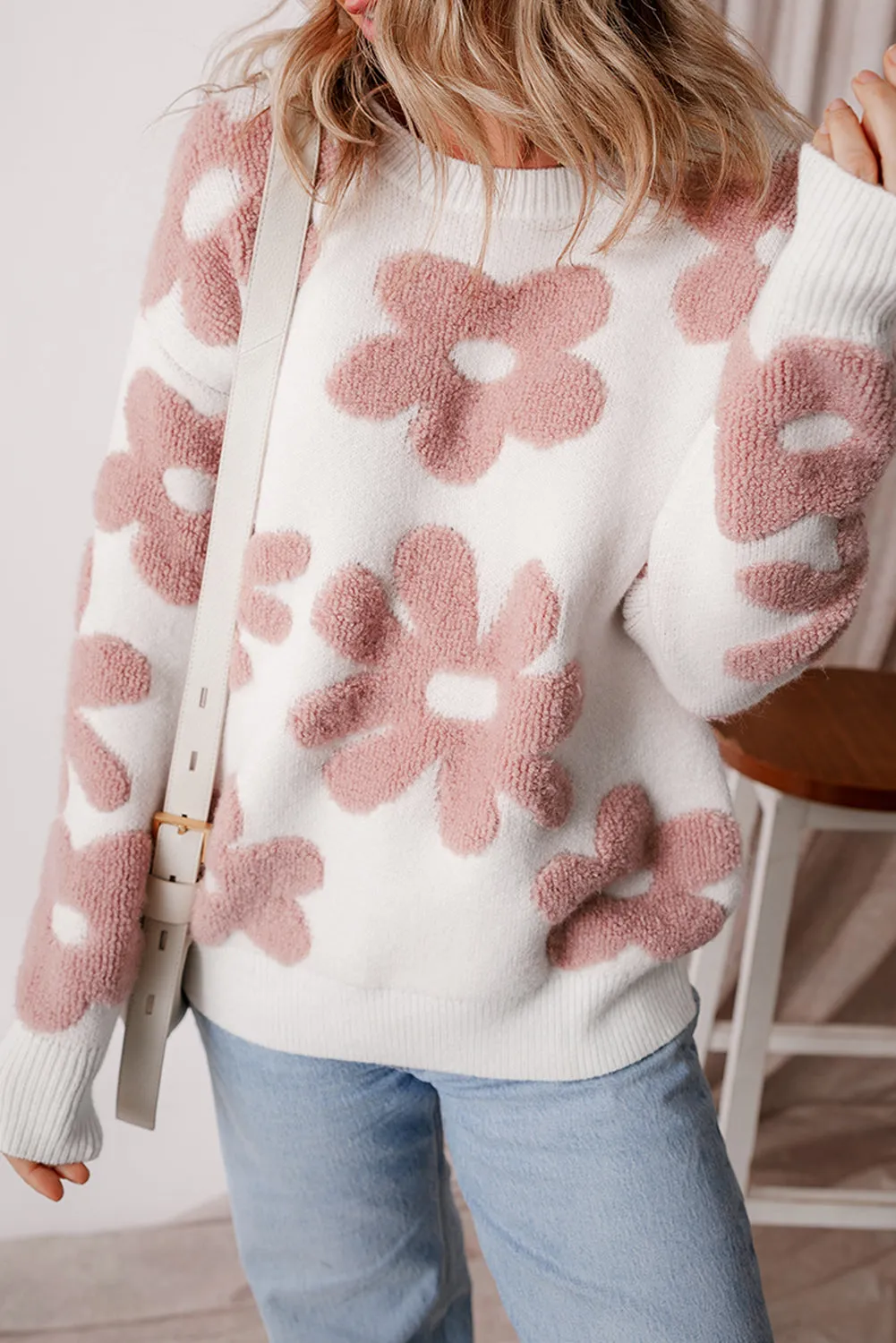 Floral Textured Drop Shoulder Sweater