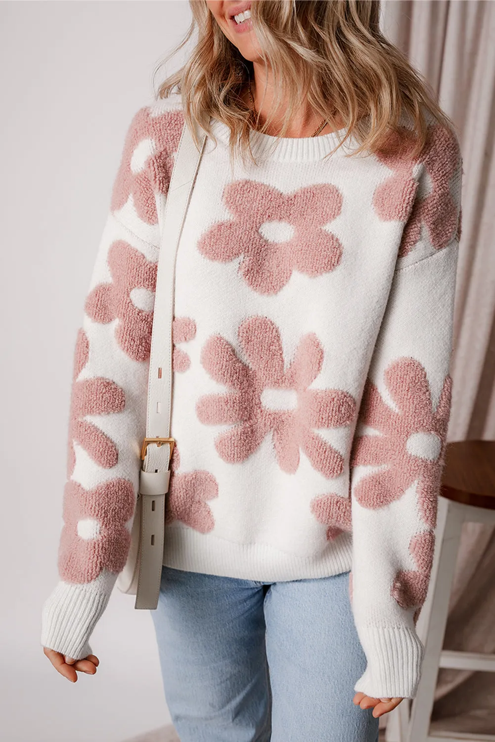 Floral Textured Drop Shoulder Sweater