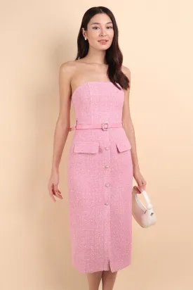 FLORET TWEED BELTED TUBE MIDI IN ROSE