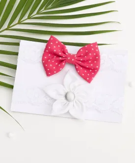 Flower & Bow Hairband Set - Pink & White