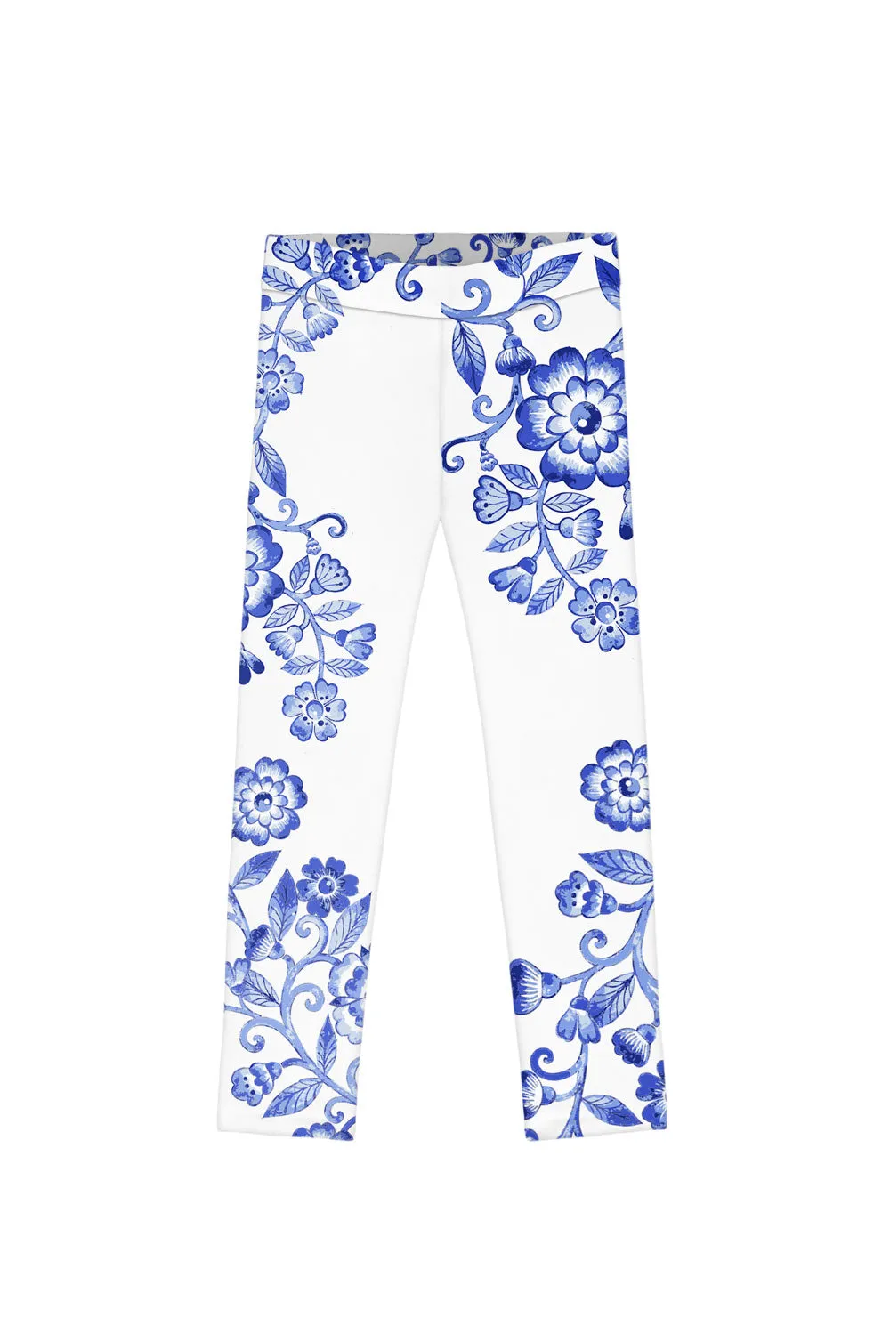 Flowerful Lucy White Blue Floral Print Sporty Dance Leggings - Girls