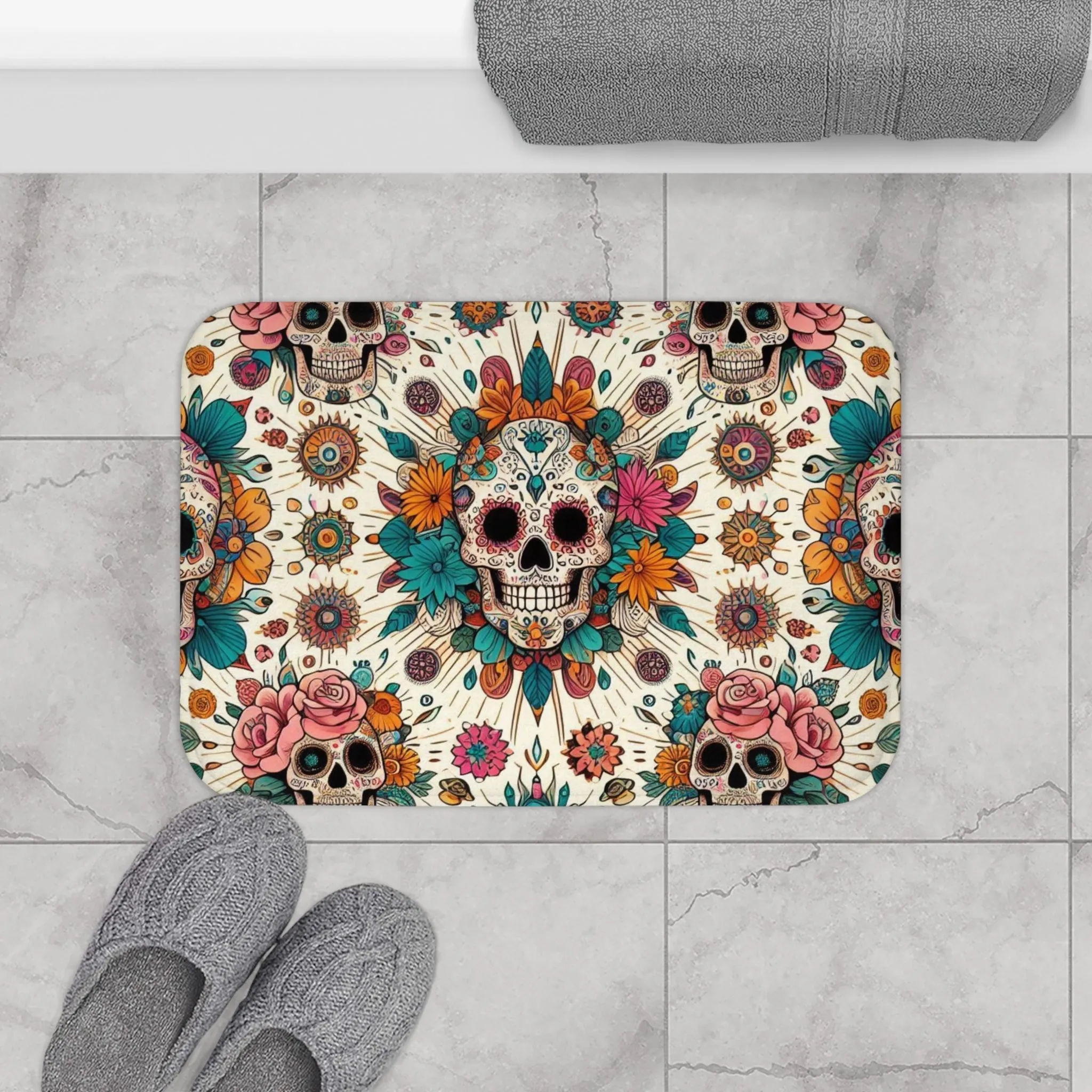 Flowers with Sugar Skull - Bath Mat