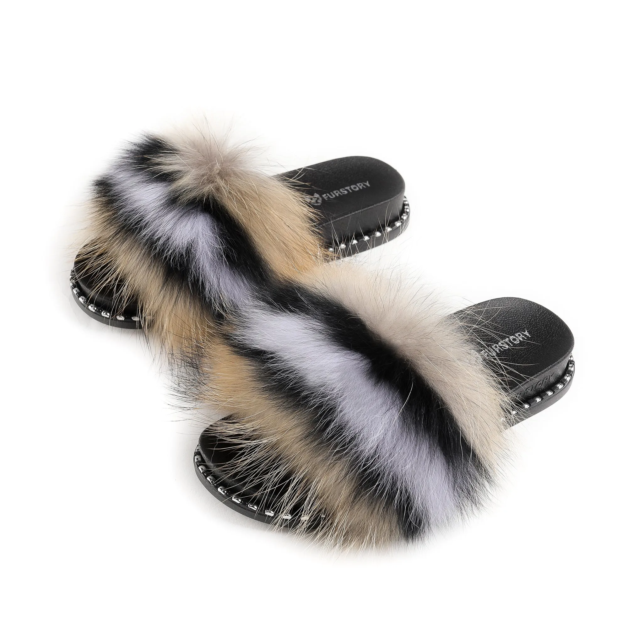 Fluffy Slides Furry Slide Sandals(Rivet-Multicolor)