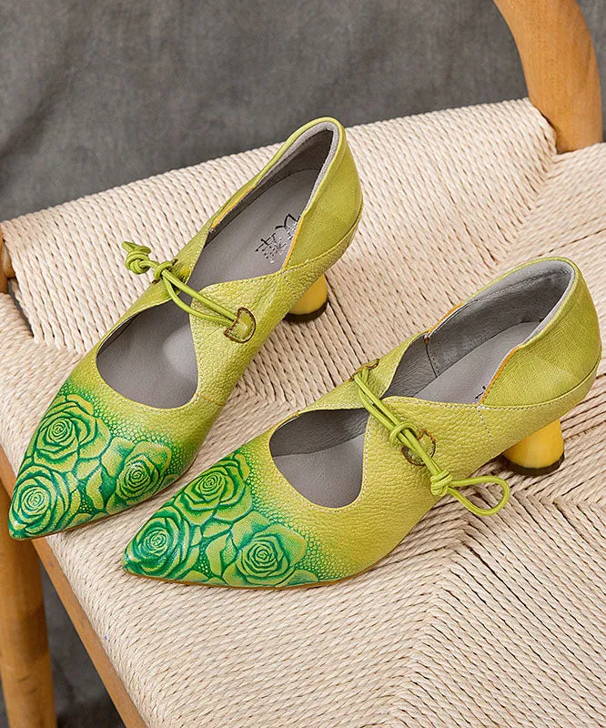 Fluorescent Green Embossed Buckle Strap Splicing Cowhide Leather Chunky High Heels LY7614