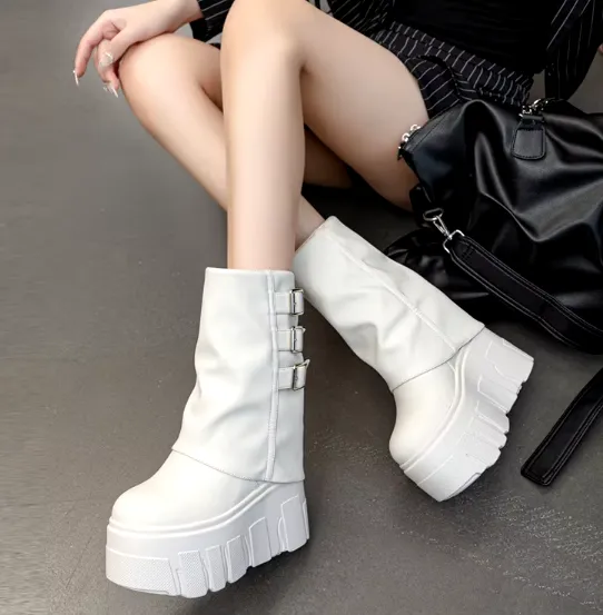 Fold Top Chunky Platform Buckle Boots