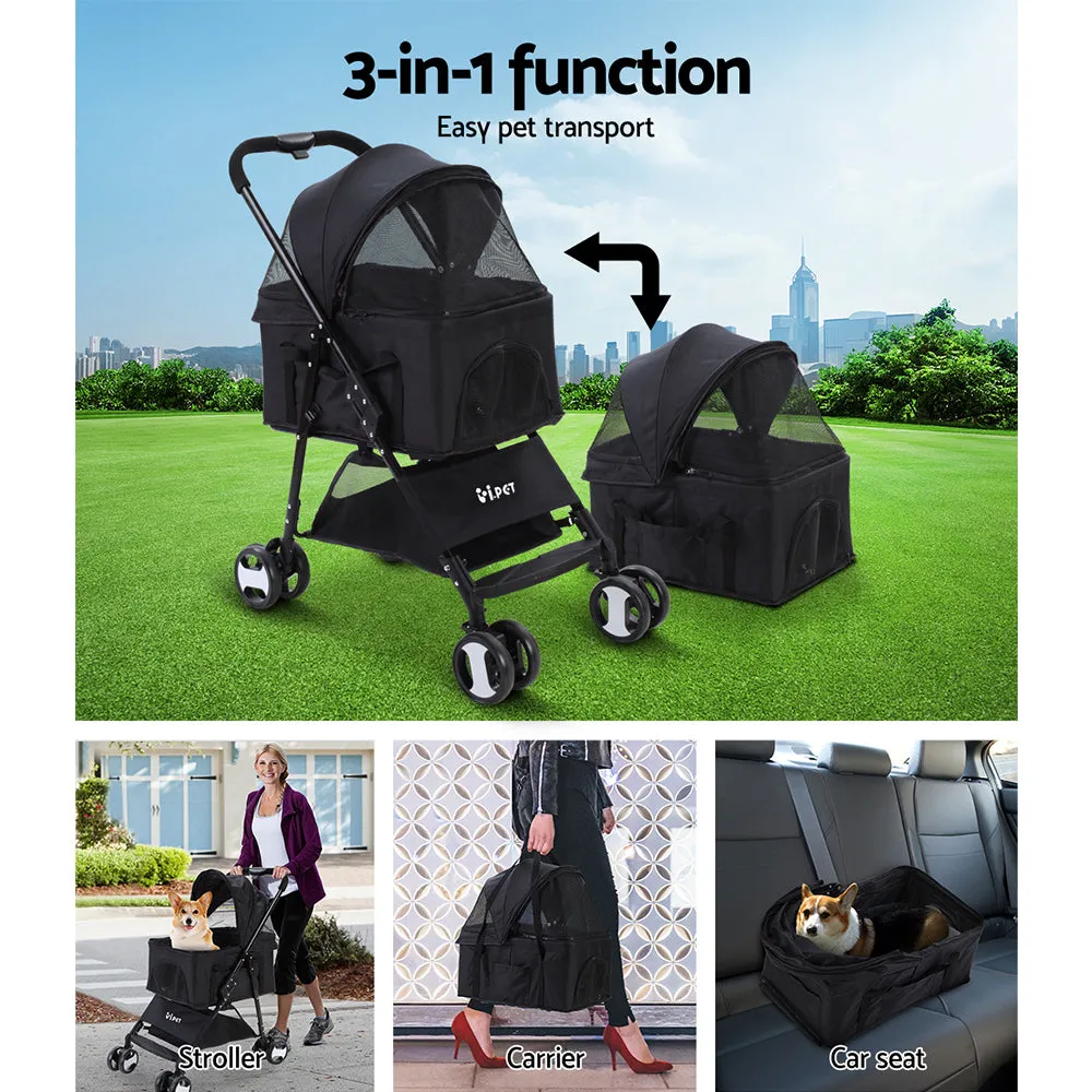 Foldable 4-Wheel Pet Stroller Large Waterproof Black i.Pet