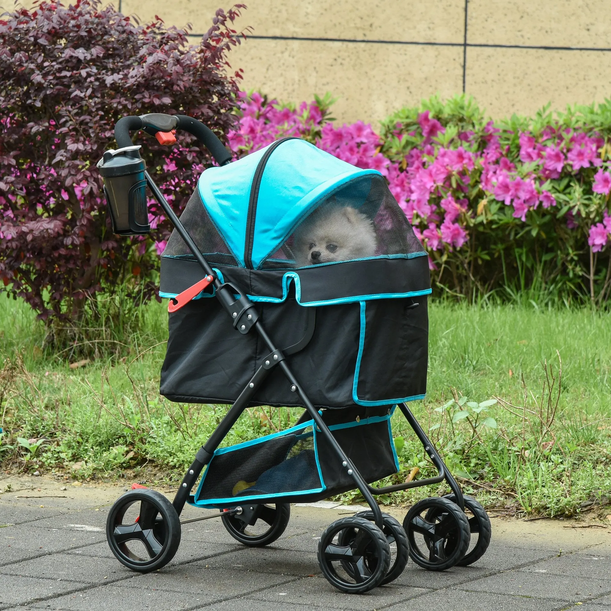 Foldable Dog Stroller Pet Cat Travel Pushchair Trolley Adjustable Canopy Brake Removable Cloth Basket Bottle Holder Safety Leash for Small Dogs