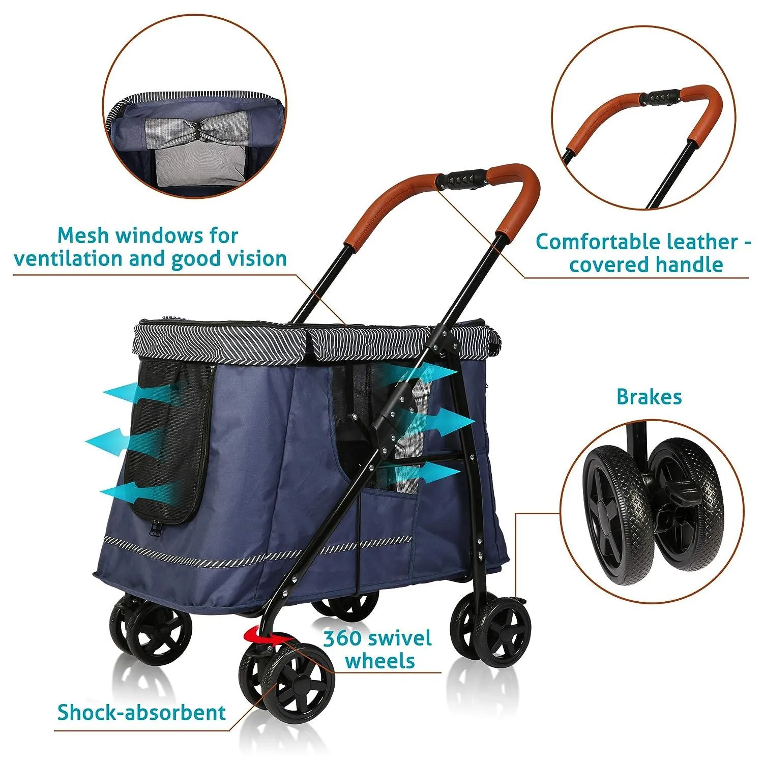 Folding Dog Stroller Pet Stroller with Removable Cushion and Multiple Mesh Windows, Blue