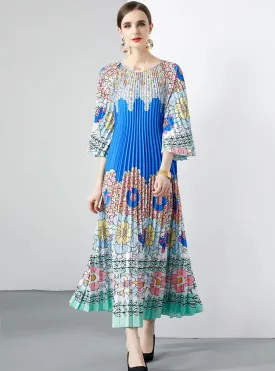 Folding Print Short Sleeve Long Dress