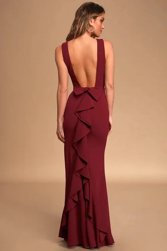 Forever Romance Burgundy Backless Ruffled Maxi Dress