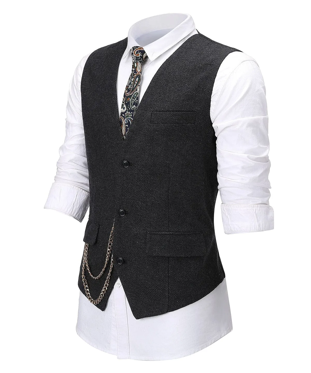 Formal Men's Suit Vest Herringbone V Neck Waistcoat