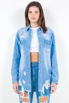 Frayed Hem Distressed Denim Shirt Jacket