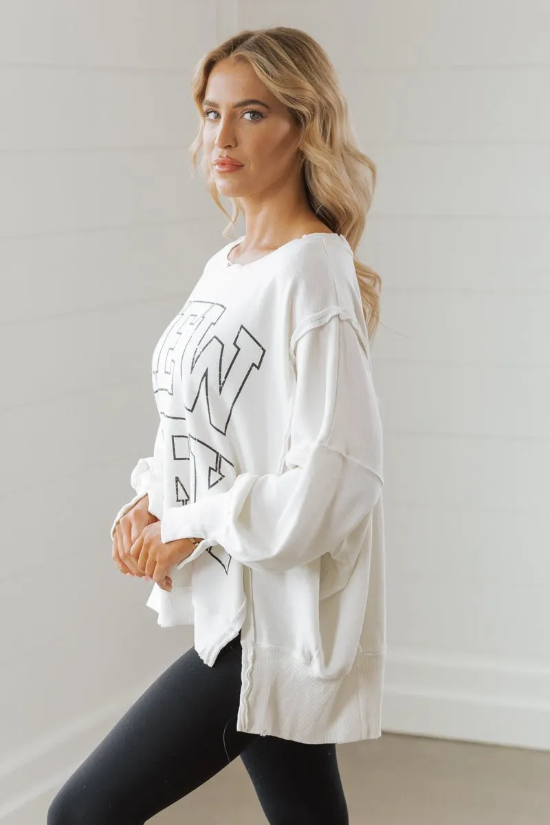 Free People Cream New York Pullover Sweatshirt