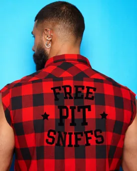 Free pits Sniff, black flock on sleeveless checked flannel shirt