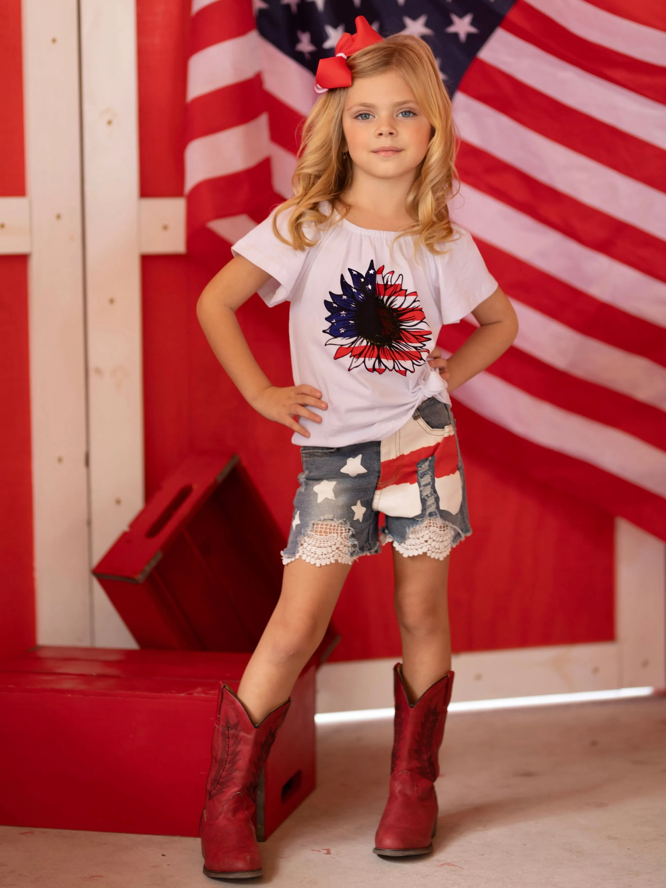 Freedom Flower Americana Top and Denim Shorts Set