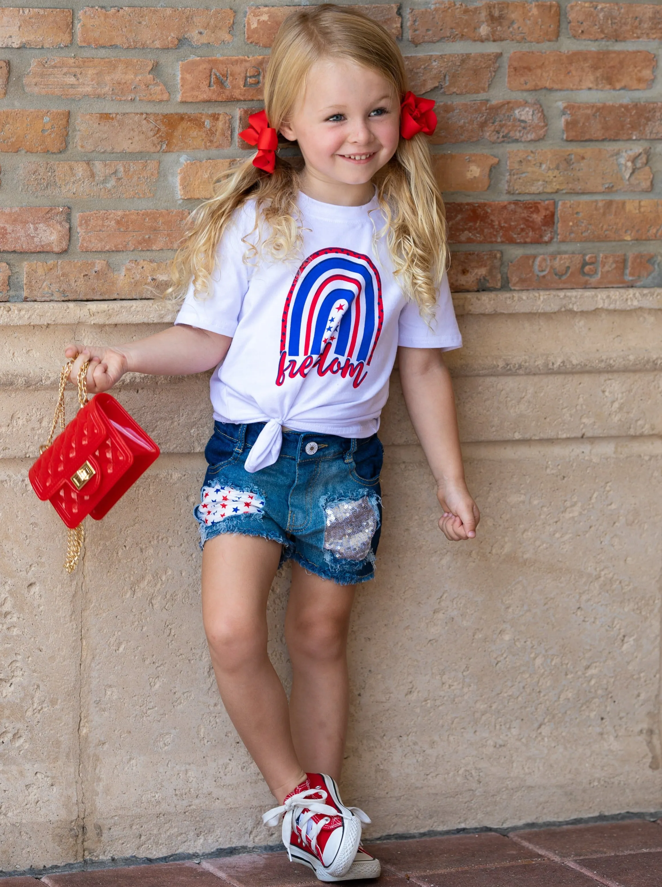 Freedom Rainbow Top and Sequin Denim Short Set