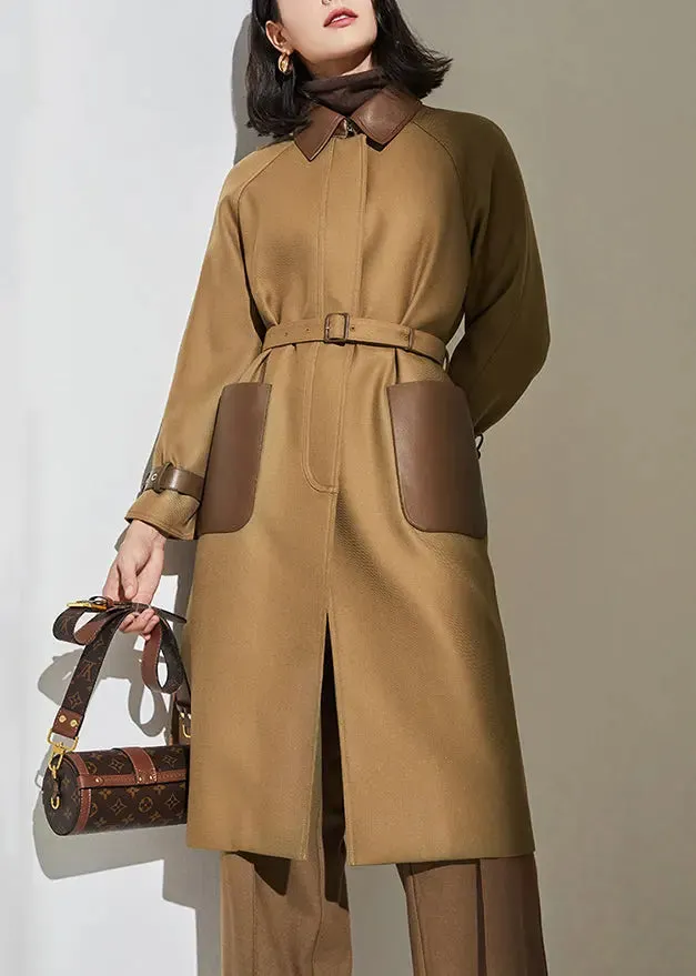 French Camel Button Tie Waist Pockets Woolen Trench Coat Fall ML2704