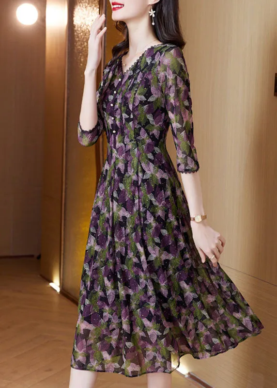 French Green V Neck Button Patchwork Print Chiffon Dresses Half Sleeve