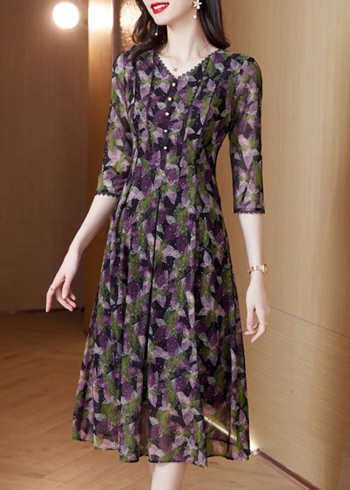 French Green V Neck Button Patchwork Print Chiffon Dresses Half Sleeve