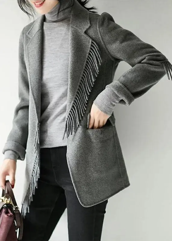 French Grey Notched Tassel Solid Woolen Blend Coat Fall LY8369