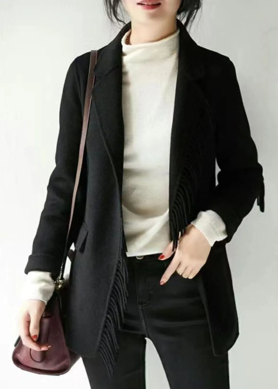 French Grey Notched Tassel Solid Woolen Blend Coat Fall