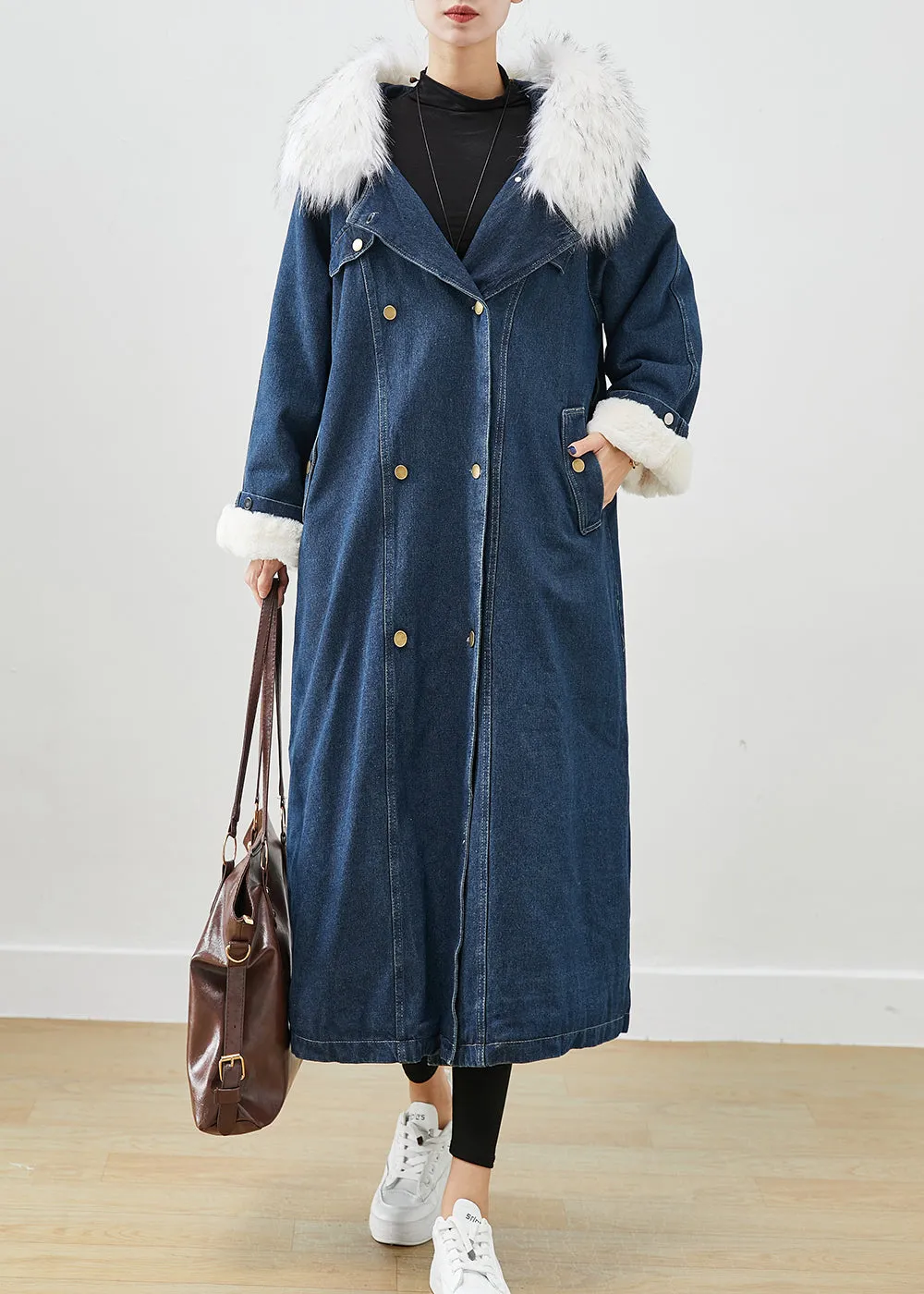 French Navy Fur Collar Thick Warm Fleece Denim Coats Fall ML2421