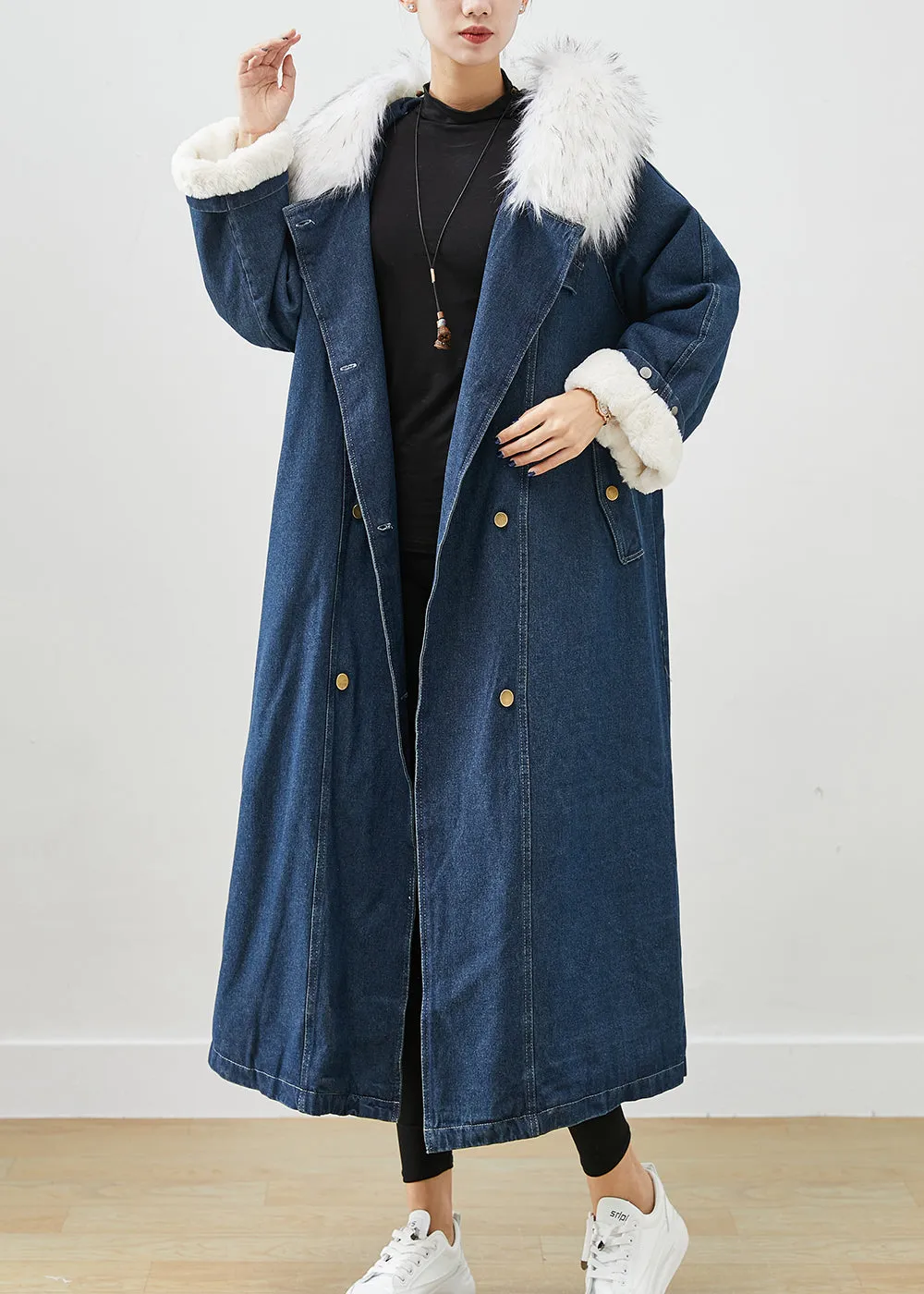 French Navy Fur Collar Thick Warm Fleece Denim Coats Fall ML2421