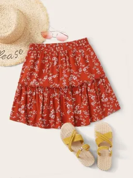 Frill Trim Ditsy Floral Print Skirt