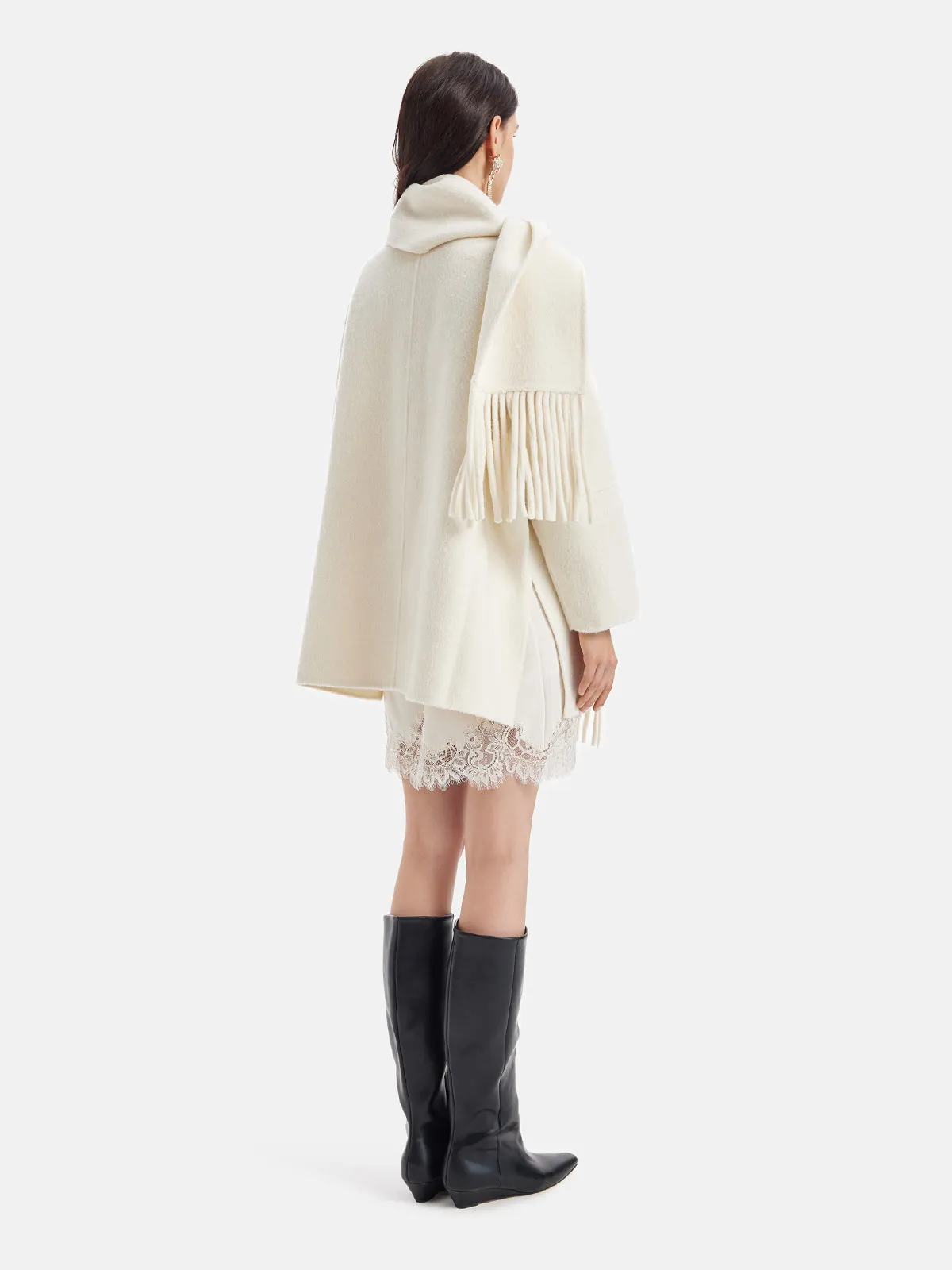 Fringe Neck Scarf Cashmere Coat