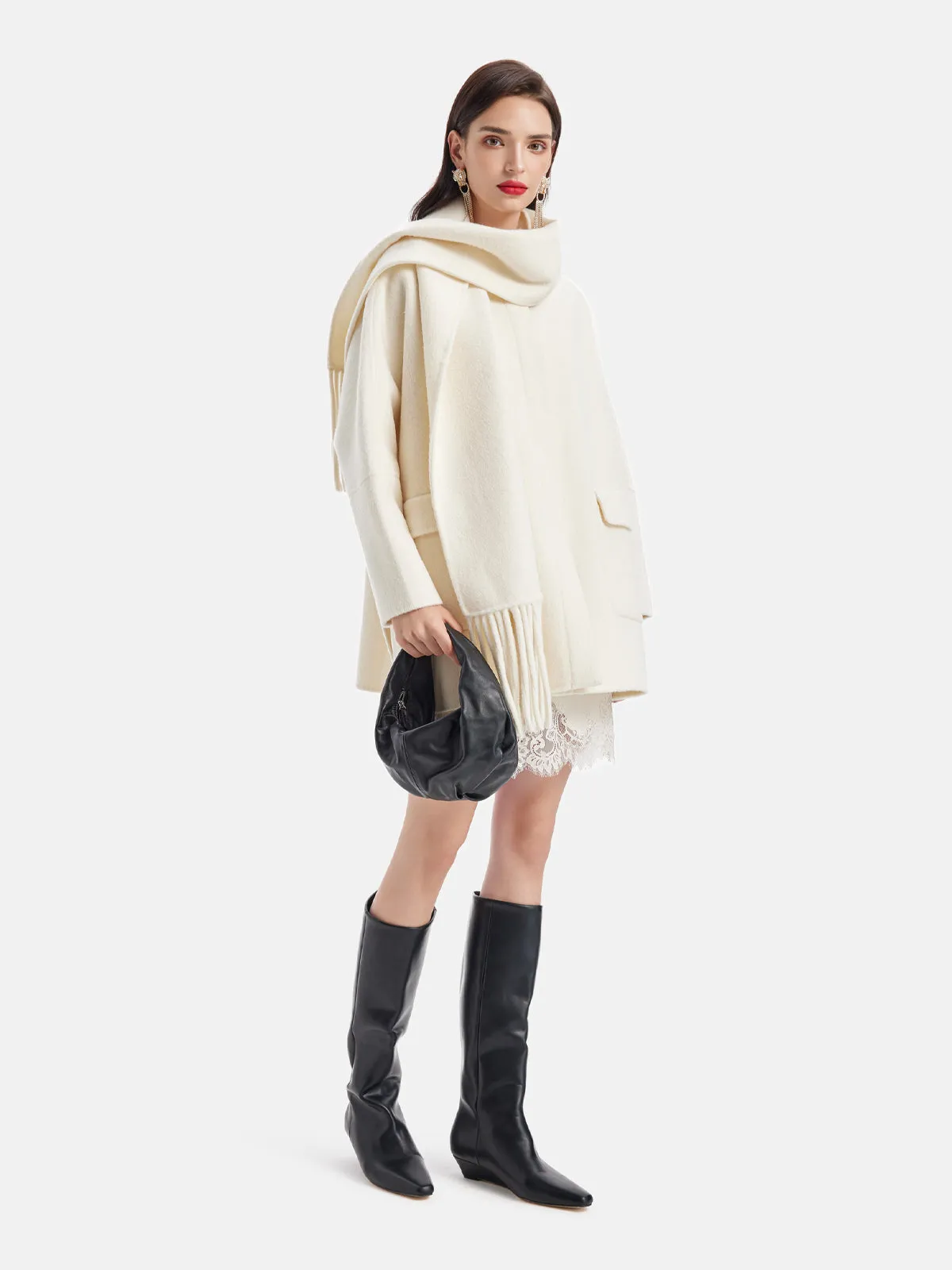 Fringe Neck Scarf Cashmere Coat