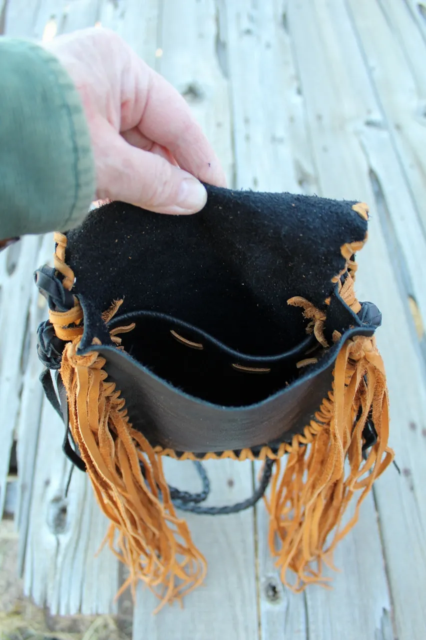 Fringed beaded bear paw leather bag, small leather bag