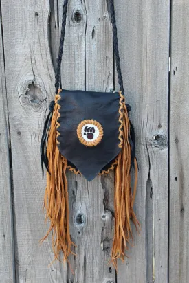 Fringed beaded bear paw leather bag, small leather bag