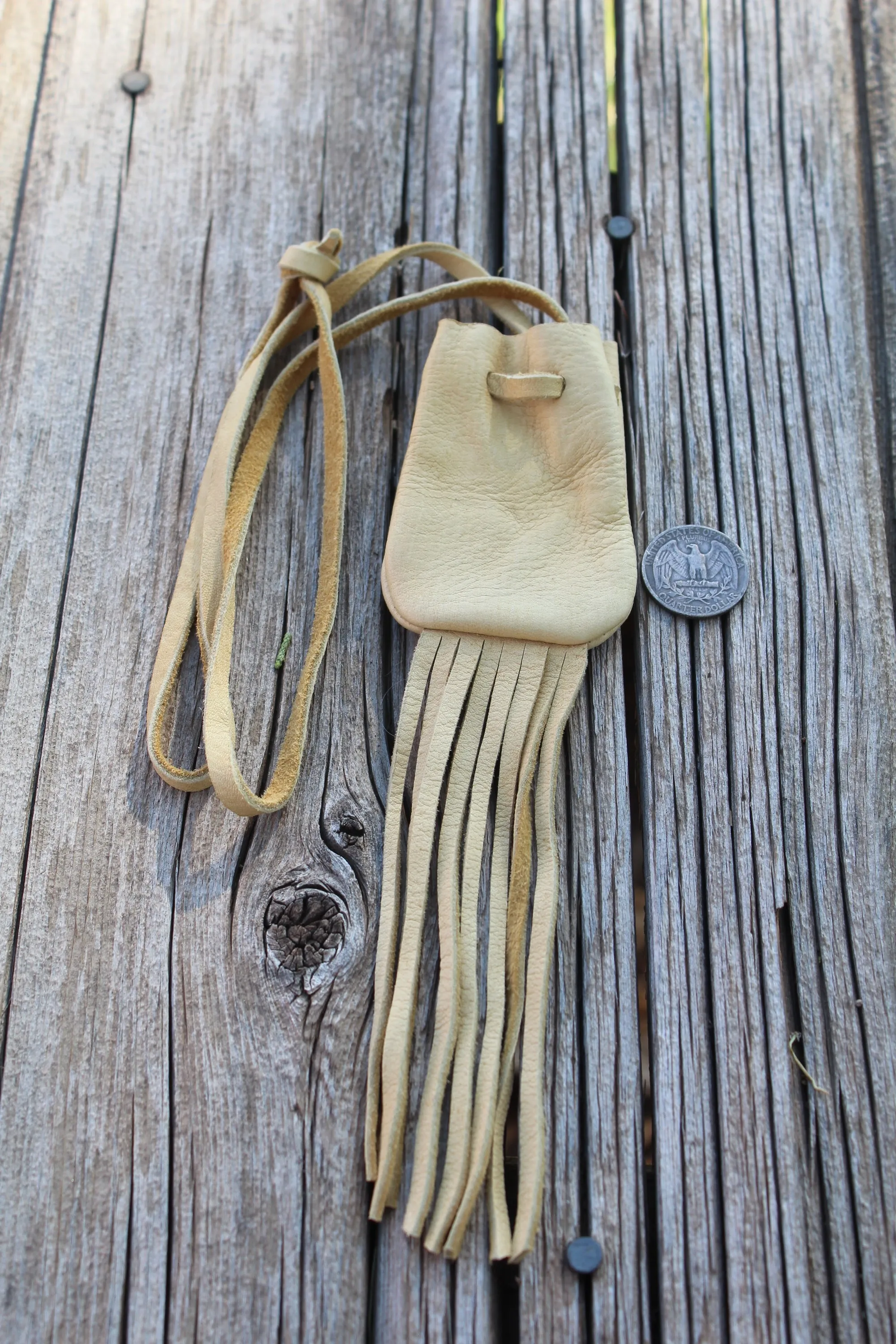 fringed buckskin medicine bag, buckskin neck bag