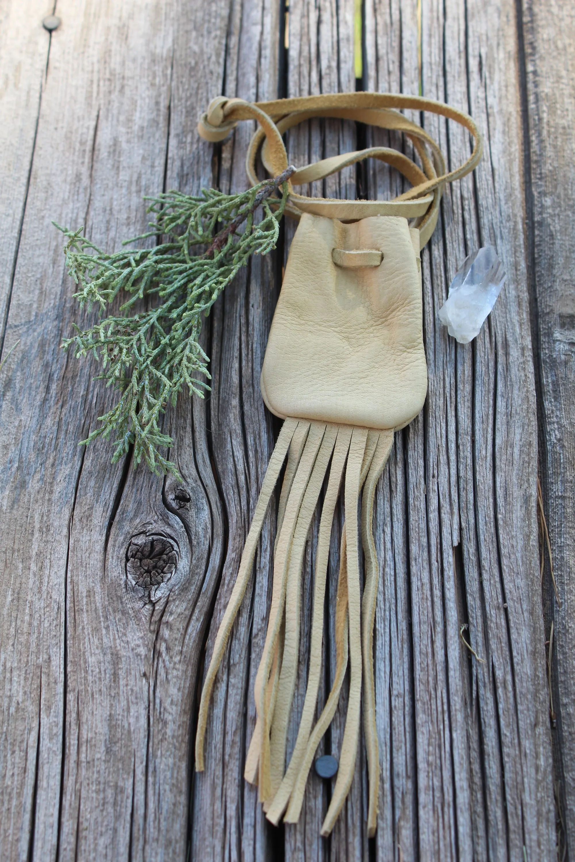 fringed buckskin medicine bag, buckskin neck bag