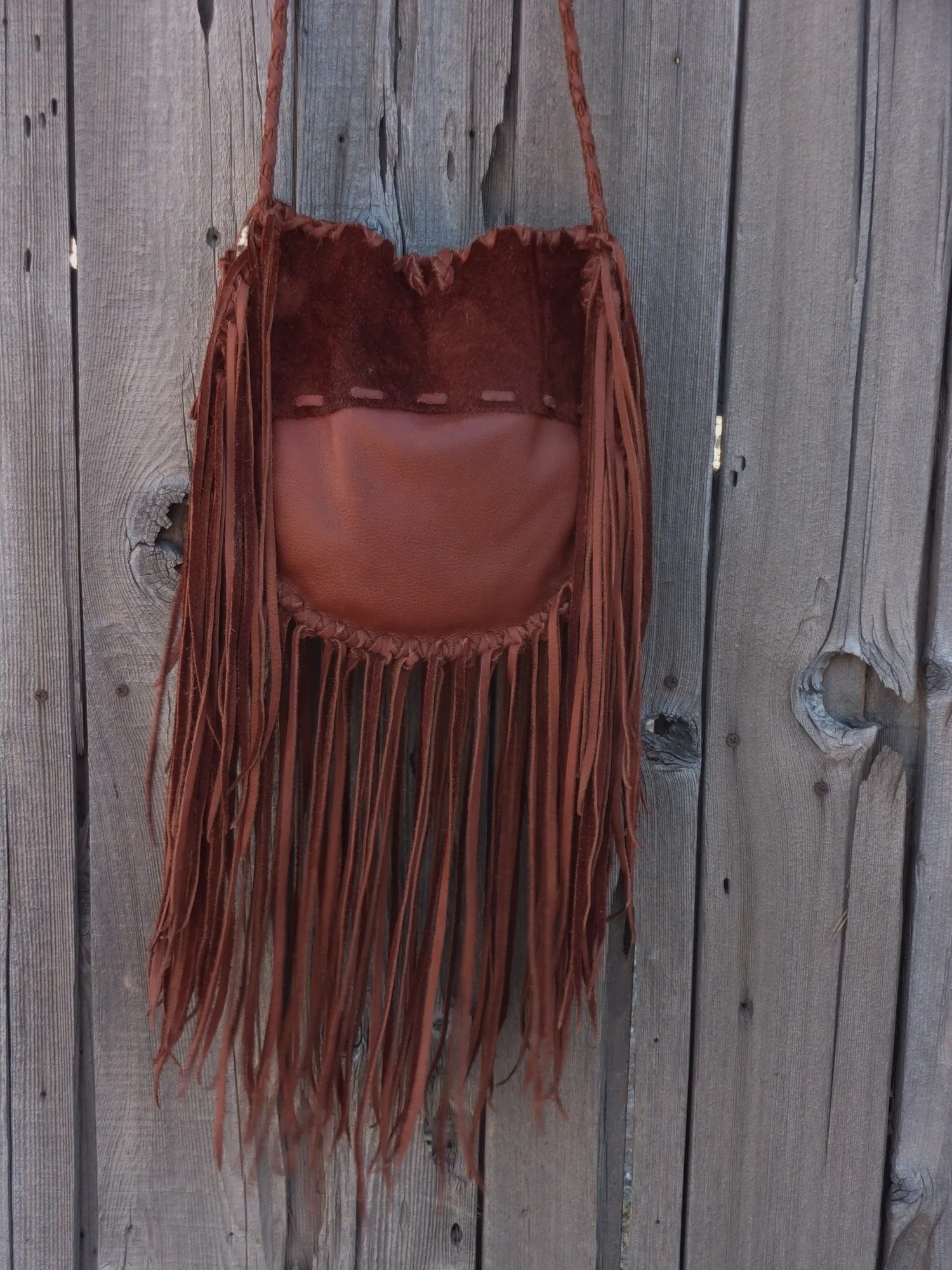 Fringed leather tote with beaded turtle