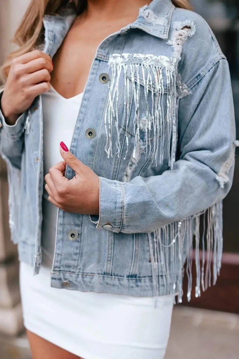 Fringy Sparkle Sequin Distressed Denim Jacket