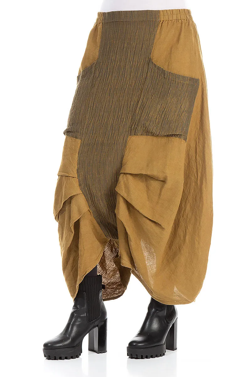 Front Pleats Crinkled Khaki Mustard Midi Trousers