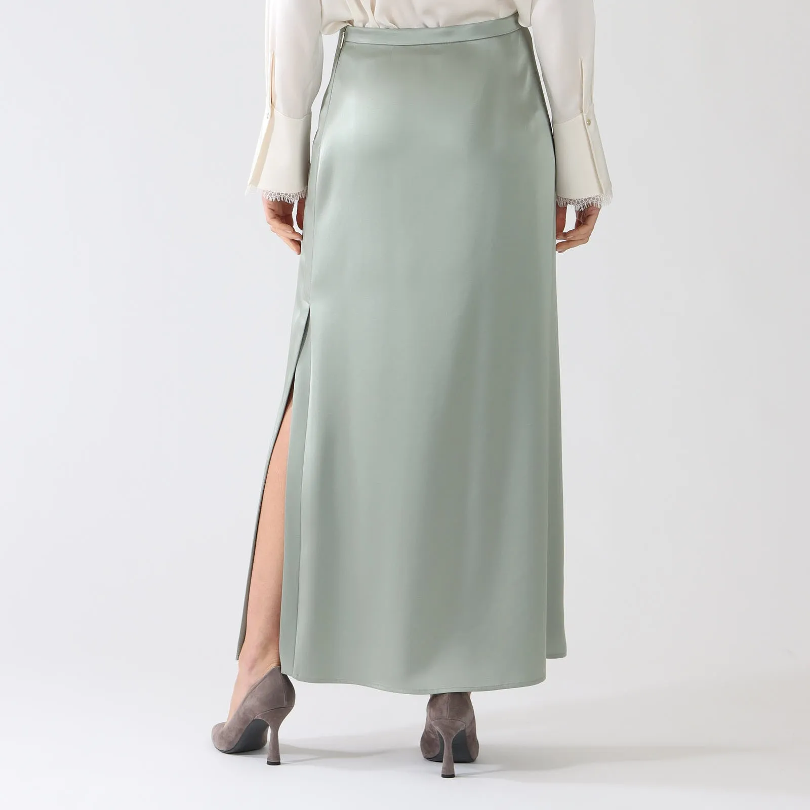 Frozen Sage Satin Maxi Skirt