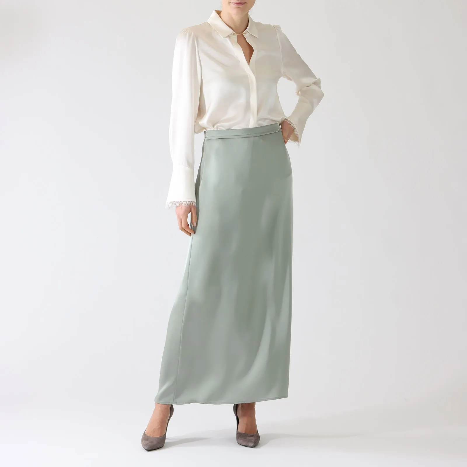 Frozen Sage Satin Maxi Skirt