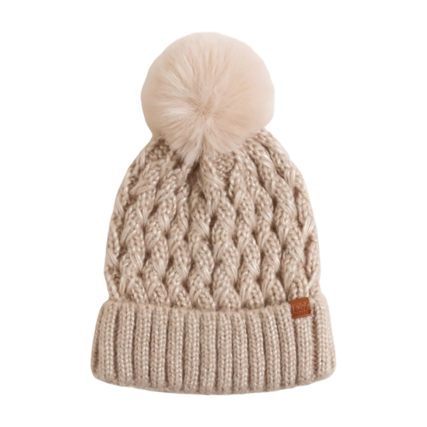 FSBB3705 - Knit Beanie with Faux Fur Pom and D&Y Tab