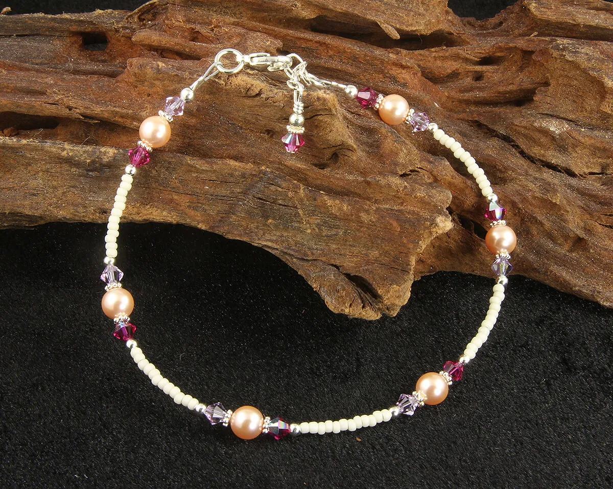 Fuchsia Lavender Peach Crystal Pearl Anklet