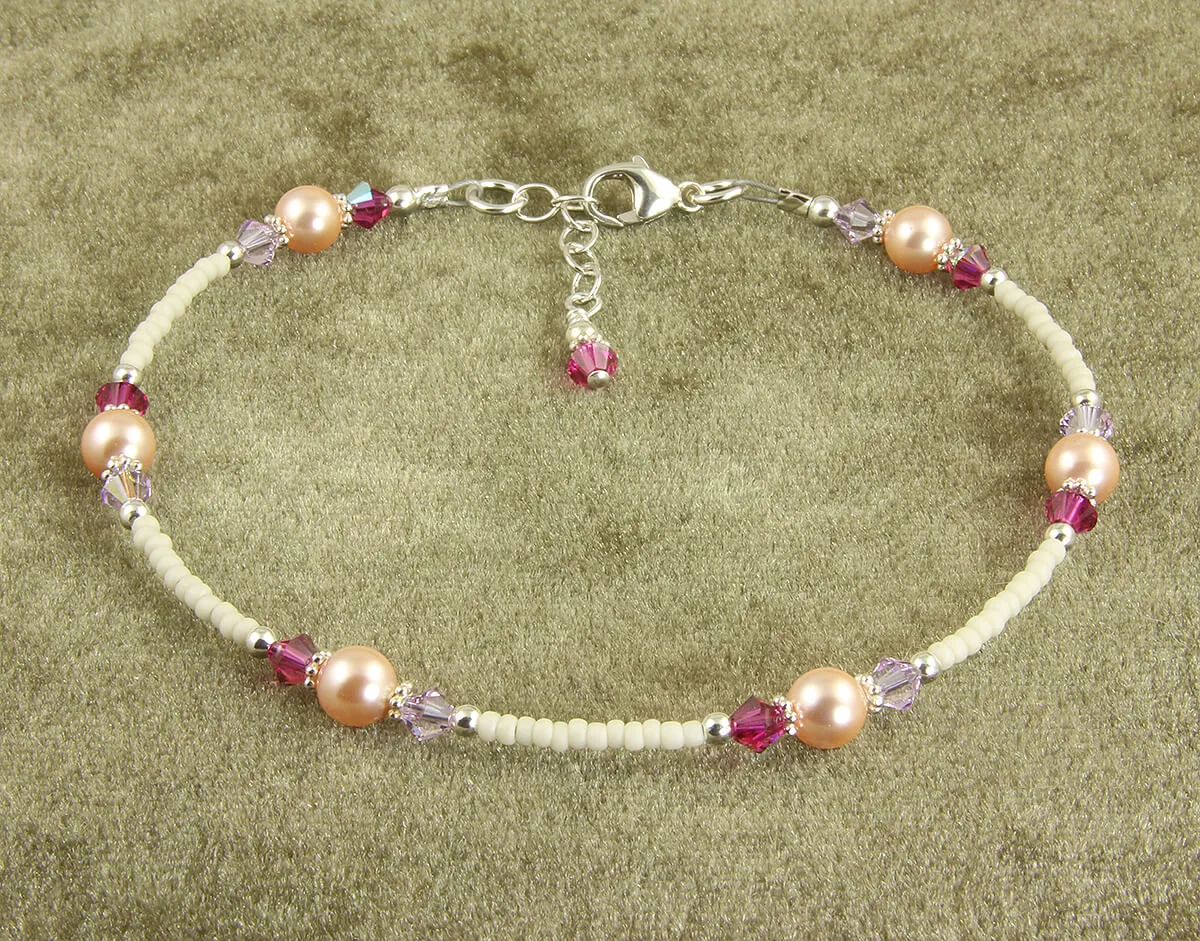 Fuchsia Lavender Peach Crystal Pearl Anklet