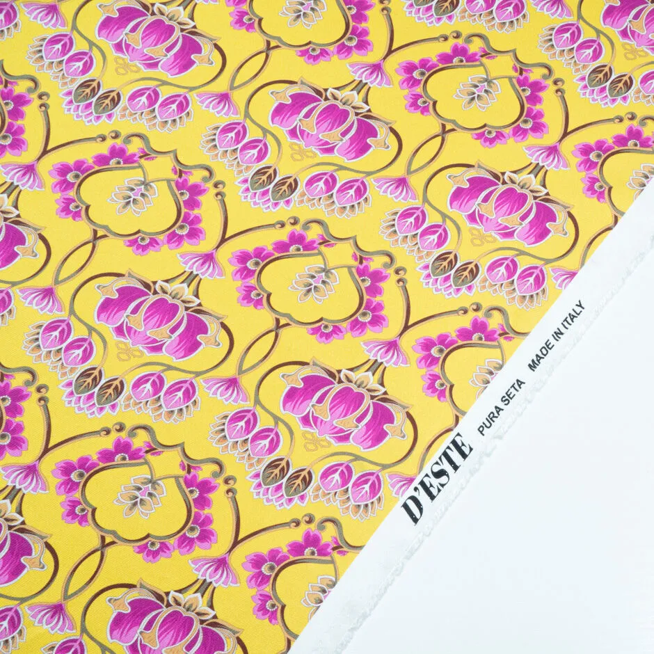 Fuchsia Pink Printed Deep Yellow Silk Twill