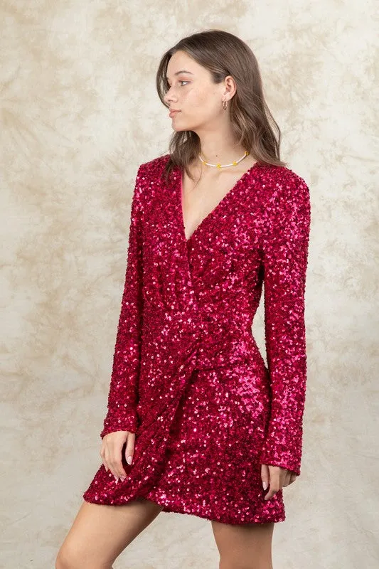 Fuchsia Sequin Glitter Holiday Party Wrap Mini Dress