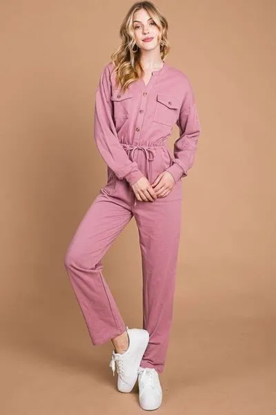 Full Size Button Up Drawstring Waist Straight Jumpsuit